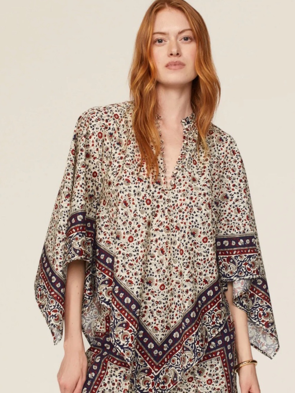 Rosetta Getty Tan Floral Kimono Sleeve Handkerchief Top | S